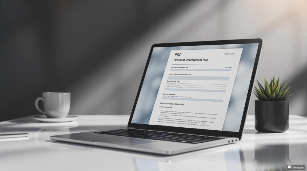 Mockup of the ActionableSelf free Personal Development Plan (PDP) template displayed on a laptop screen, available for download