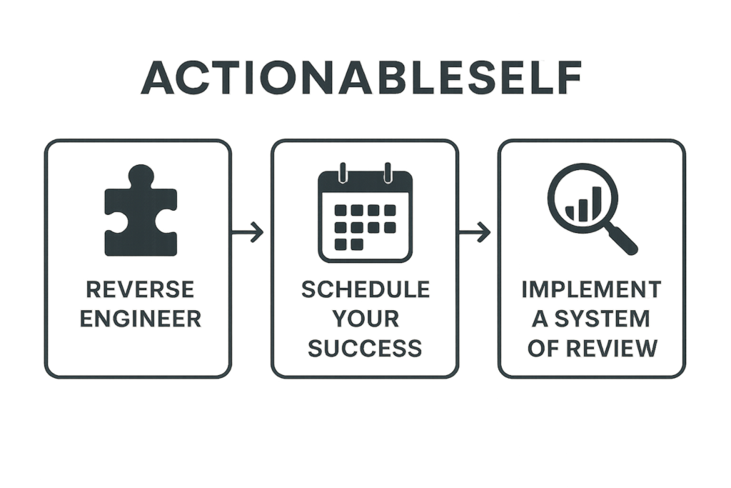 Infographic from ActionableSelf showing the 3-step action plan for achieving goals: 1. Reverse Engineer, 2. Schedule Success, 3. Implement Review.