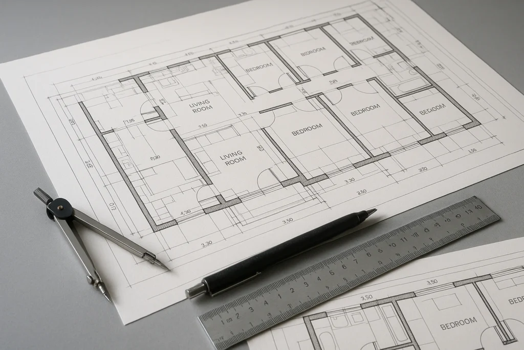 Architectural blueprints spread out on a desk, symbolizing the strategic planning involved in creating a personal development plan (PDP)