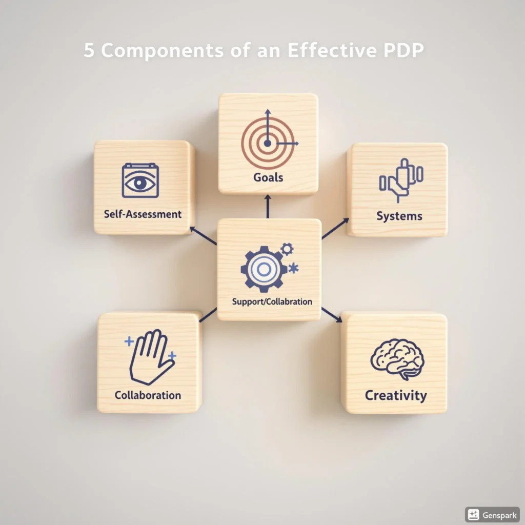 Five interconnected wooden blocks, each representing a core component of an effective personal development plan: assessment, goals, strategies, resources, and metrics