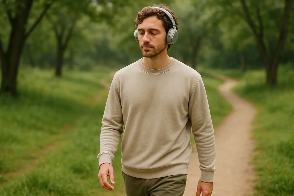 A person listening to a podcast with headphones while walking outdoors, a resource for on-the-go inspiration and mental well-being