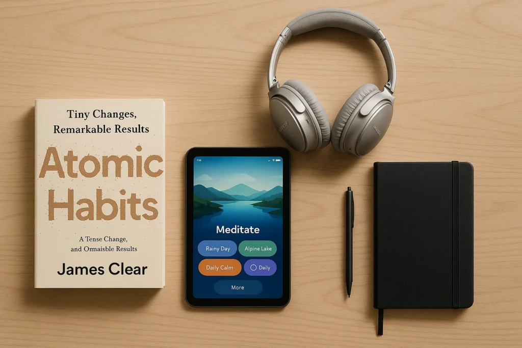A curated collection of personal development resources, including books, apps on a tablet, and a journal, organized on a desk