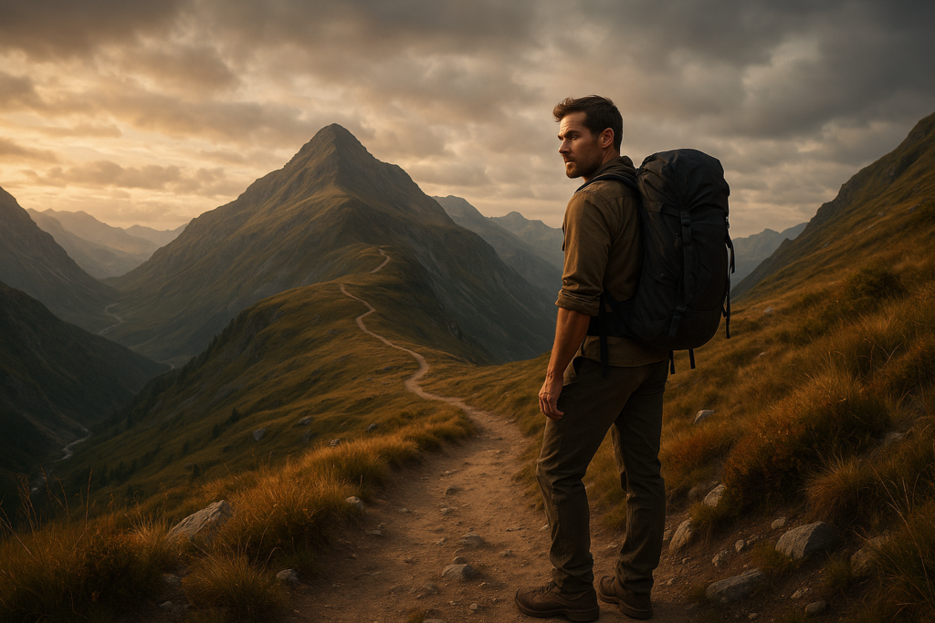 A hiker pausing on a mountain trail to look back before continuing, representing the resilience needed to overcome goal setting obstacles.