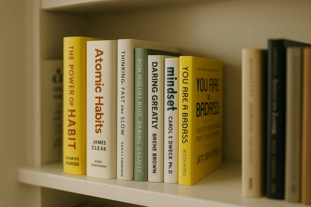 A bookshelf filled with personal development books, representing a key resource for building better habits and acquiring knowledge