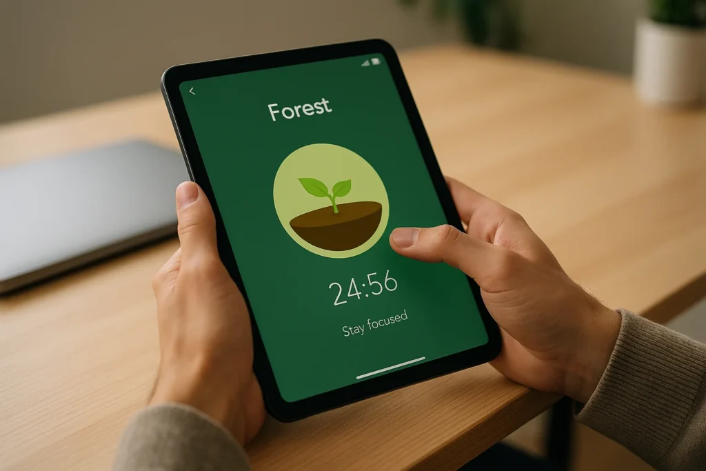 A person using a productivity app like Todoist on a tablet to manage tasks and improve focus as part of their personal development