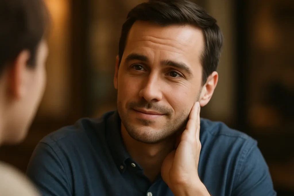A close-up of a person practicing the communication skill of active listening with a focused and empathetic expression