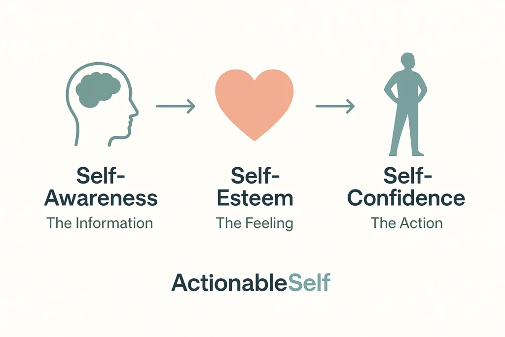 An infographic from ActionableSelf showing the relationship between Self-Awareness (the information), Self-Esteem (the feeling), and Self-Confidence (the action)