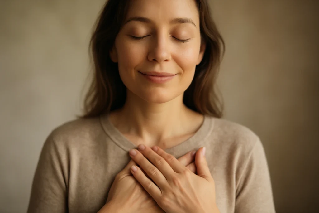 A person with a peaceful expression, representing the inner warmth and acceptance that comes from building healthy self-esteem