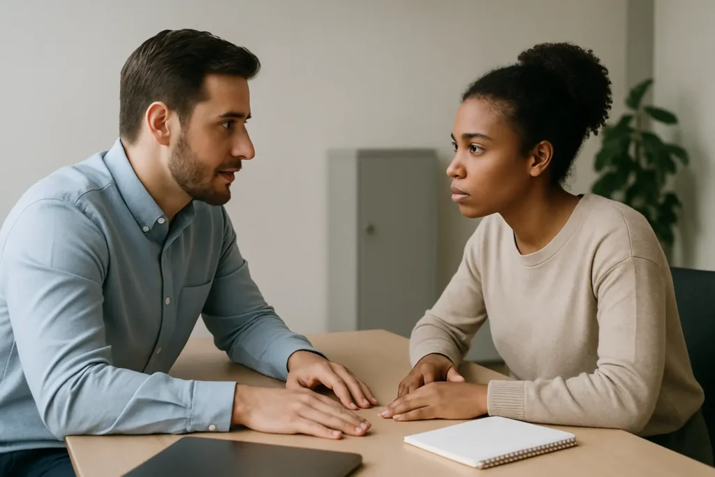 A couple navigating conflict constructively, using healthy communication skills to solve a problem together instead of fighting
