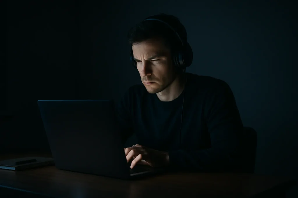 A person engaged in deep work, wearing headphones and focused on their computer in a distraction-free environment