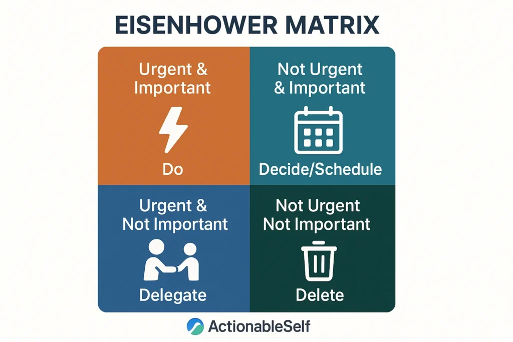 An infographic from ActionableSelf explaining the Eisenhower Matrix for time management, with four quadrants: Do, Decide, Delegate, and Delete