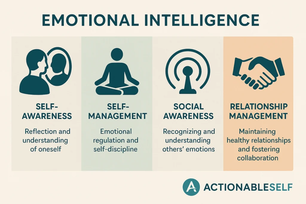 An infographic from ActionableSelf breaking down the 4 components of emotional intelligence: Self-Awareness, Self-Management, Social Awareness, and Relationship Management
