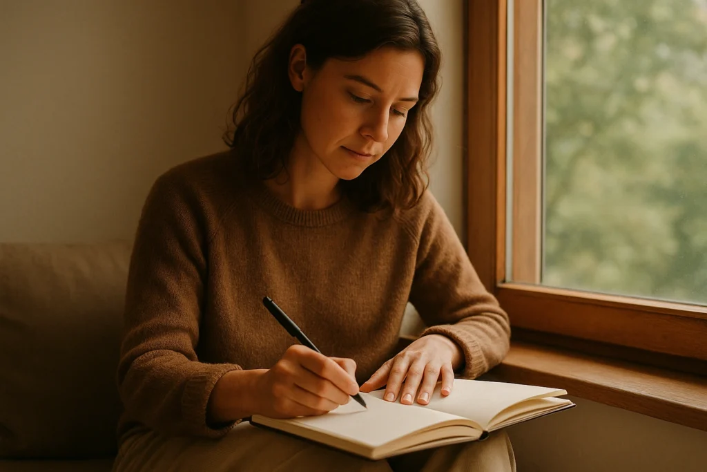 A person writing in a journal with a focused expression, a practical tool for increasing self-awareness and introspection