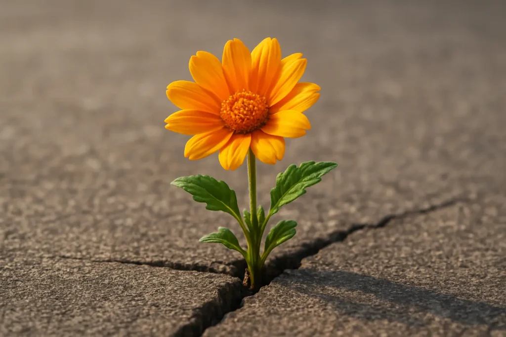 A resilient plant growing through a crack in concrete, symbolizing how mindfulness and daily habits build resilience for mental well-being