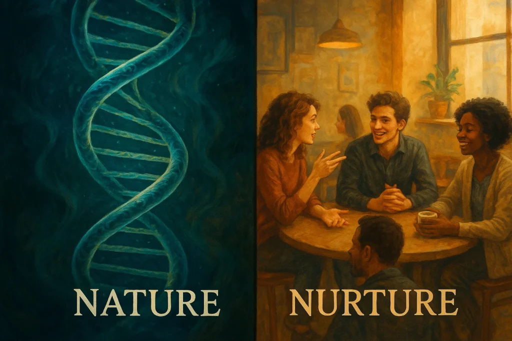 A split-screen image illustrating personality formation, with a DNA helix on one side (nature) and a social environment on the other (nurture)
