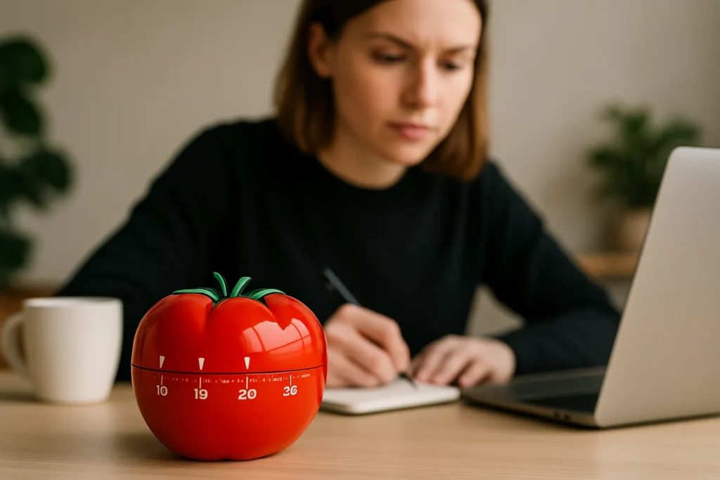 A person using the Pomodoro Technique for focused work, with a tomato-shaped timer on the desk next to their laptop