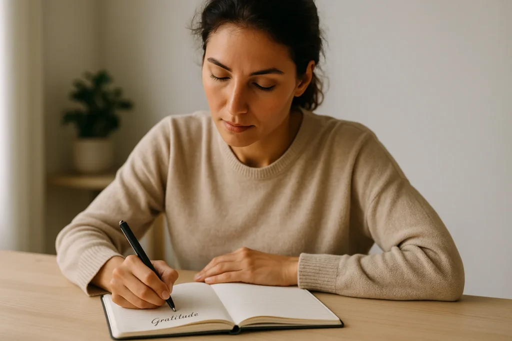 A person writing in a journal as part of their practical personality enhancement toolkit, focusing on self-awareness and growth