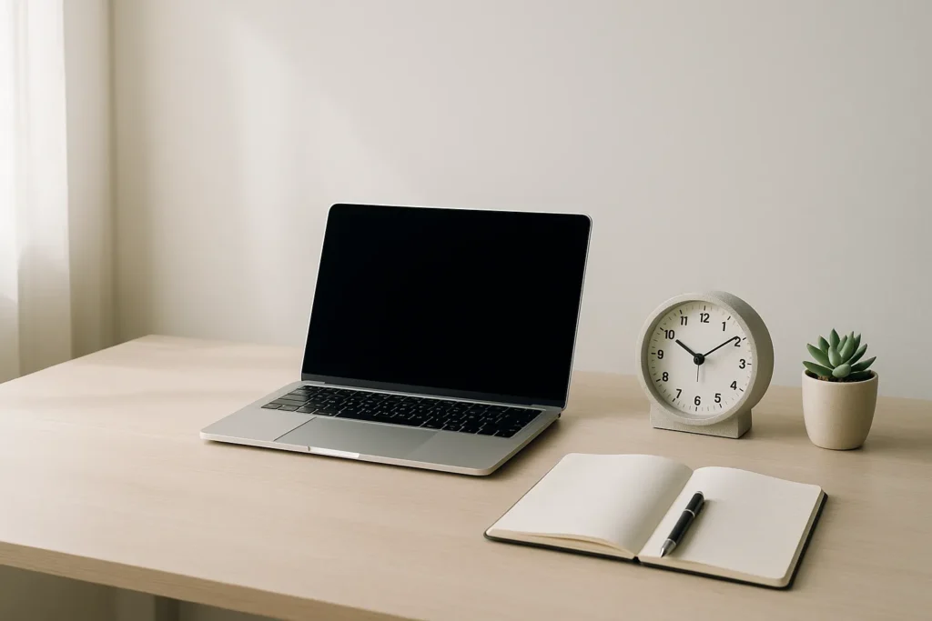 A well-organized desk with a laptop and notebook, representing a productive environment for effective time management