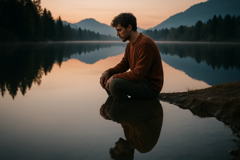 A person looking at their clear reflection in a calm lake, symbolizing the journey of self-awareness and building self-esteem