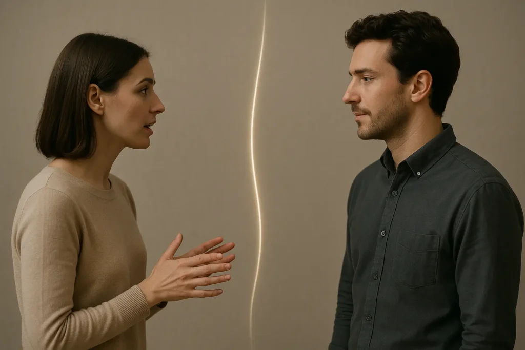 A conceptual image showing a person setting a healthy boundary in a relationship to protect their well-being and self-respect
