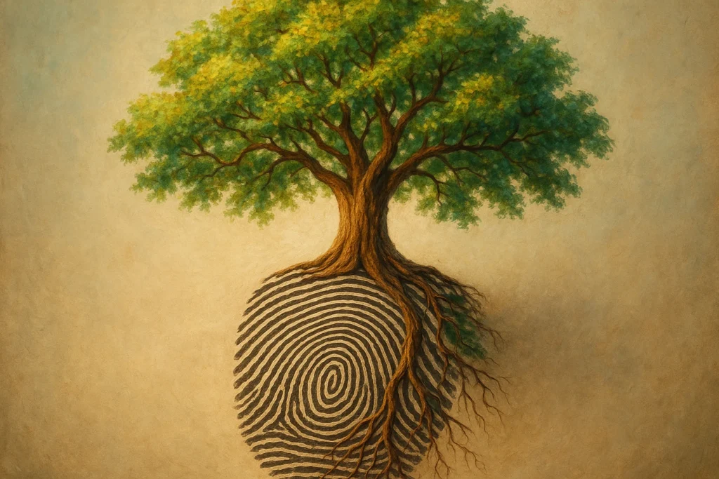 An artistic representation of personality development, showing a fingerprint transforming into a thriving tree to symbolize unique individual growth
