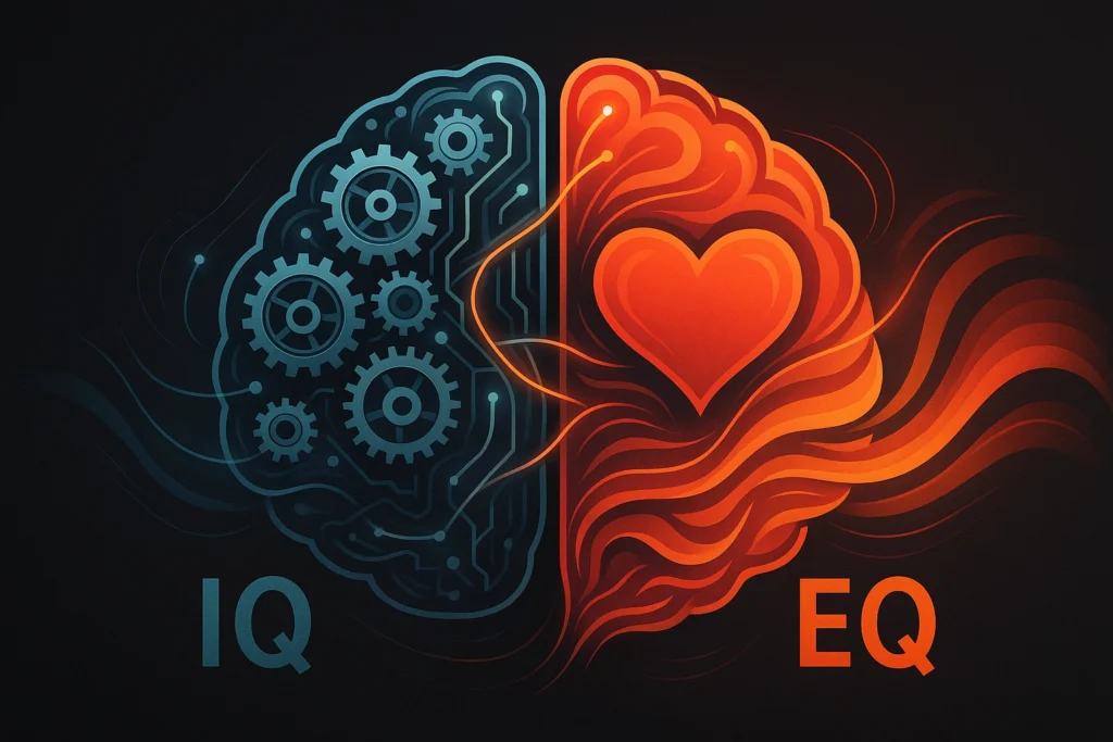 A conceptual image representing emotional intelligence (EQ), showing a brain connected to a heart to symbolize the link between logic and emotion