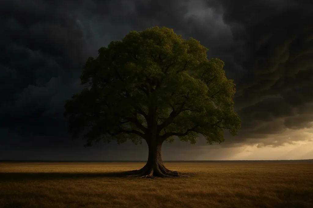A strong, solitary tree weathering a storm, representing psychological resilience and the ability to bounce back from adversity.