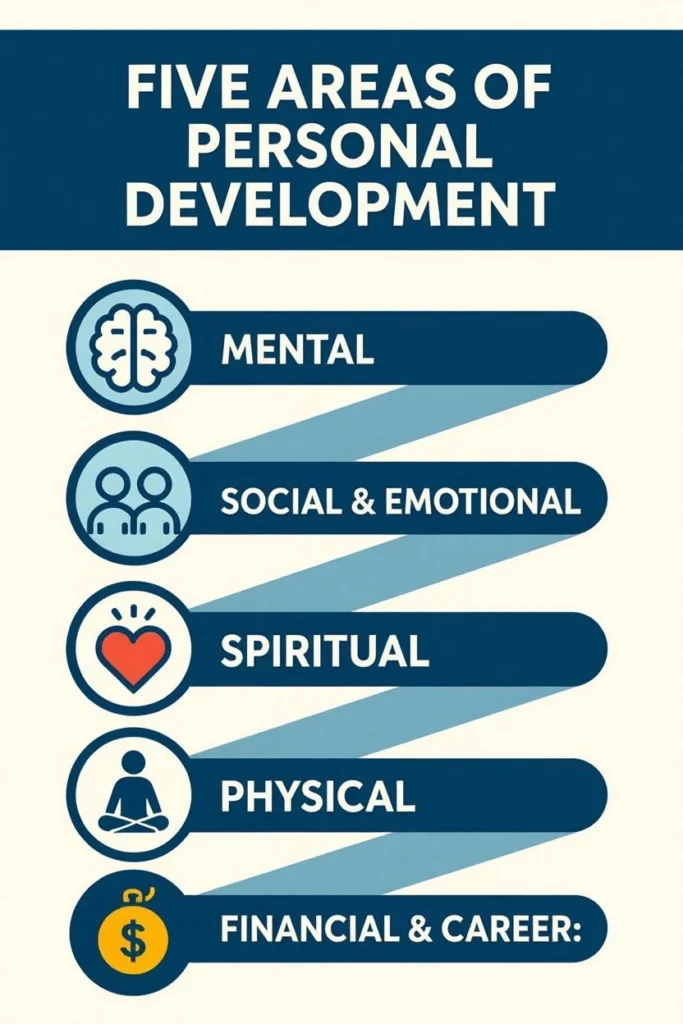An infographic from ActionableSelf showing the 5 key areas of personal development: Mental, Social & Emotional, Spiritual, Physical, and Financial & Career.