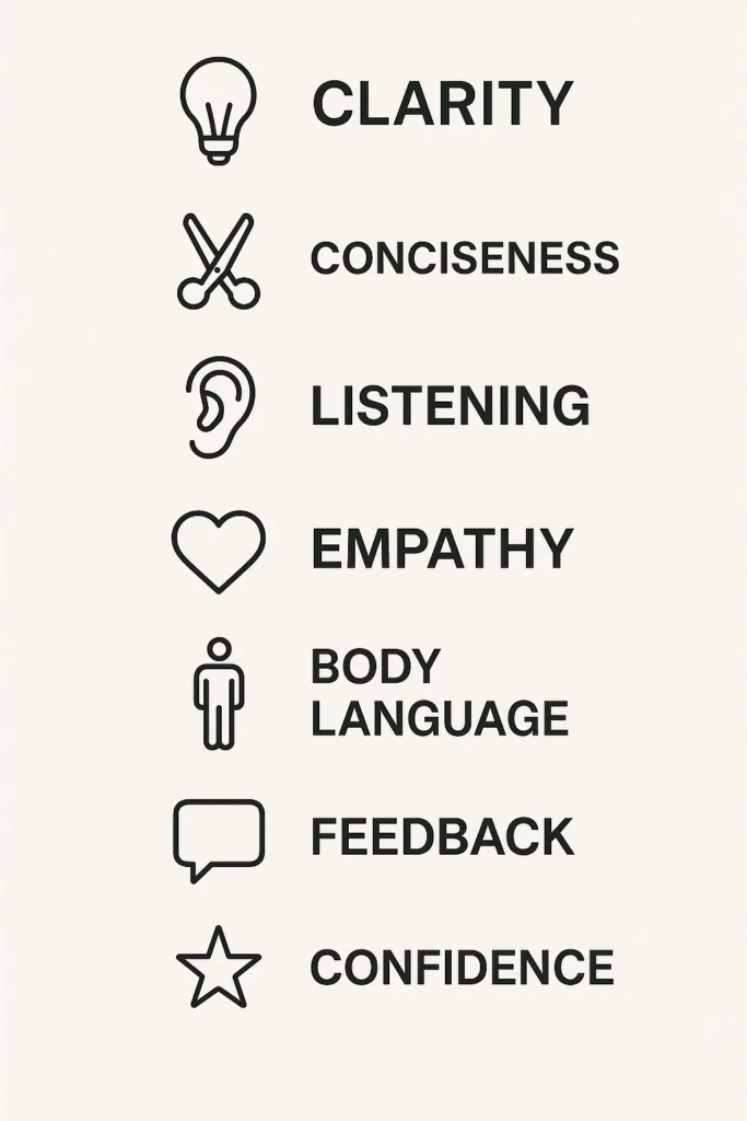 An infographic from ActionableSelf detailing the 7 principles of effective communication: Clarity, Conciseness, Active Listening, Empathy, Non-Verbal Cues, Feedback, and Confidence