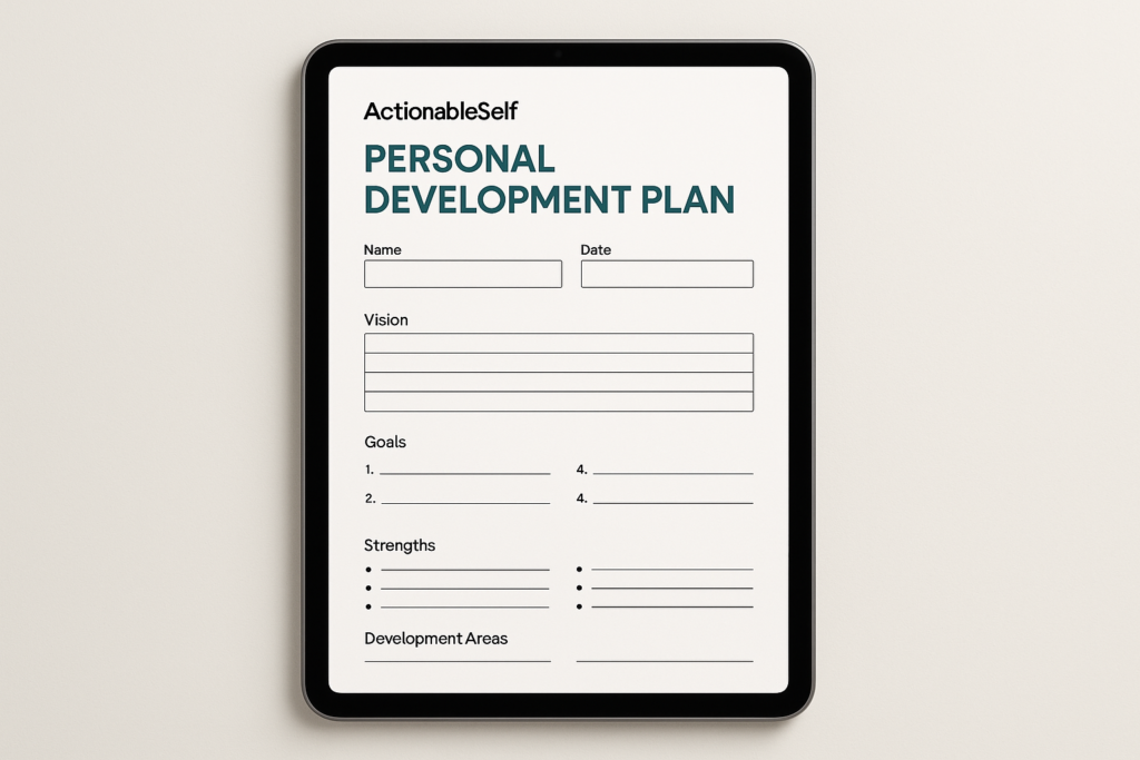 A mockup of the free ActionableSelf Personal Development Plan (PDP) template, available for download as a fillable PDF