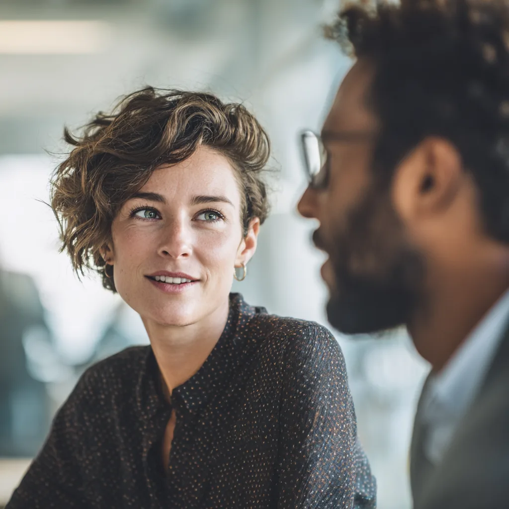 A professional demonstrating active listening skills in a conversation, focusing intently to build a deeper connection.