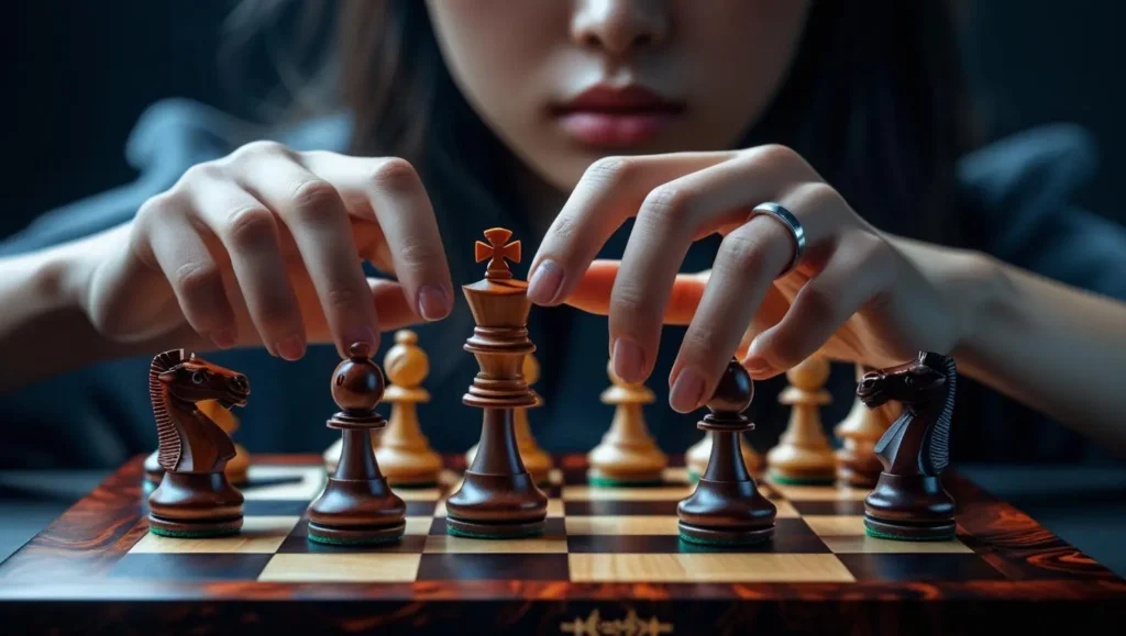 A chess player making a strategic move, symbolizing the use of advanced goal setting strategies for high achievers
