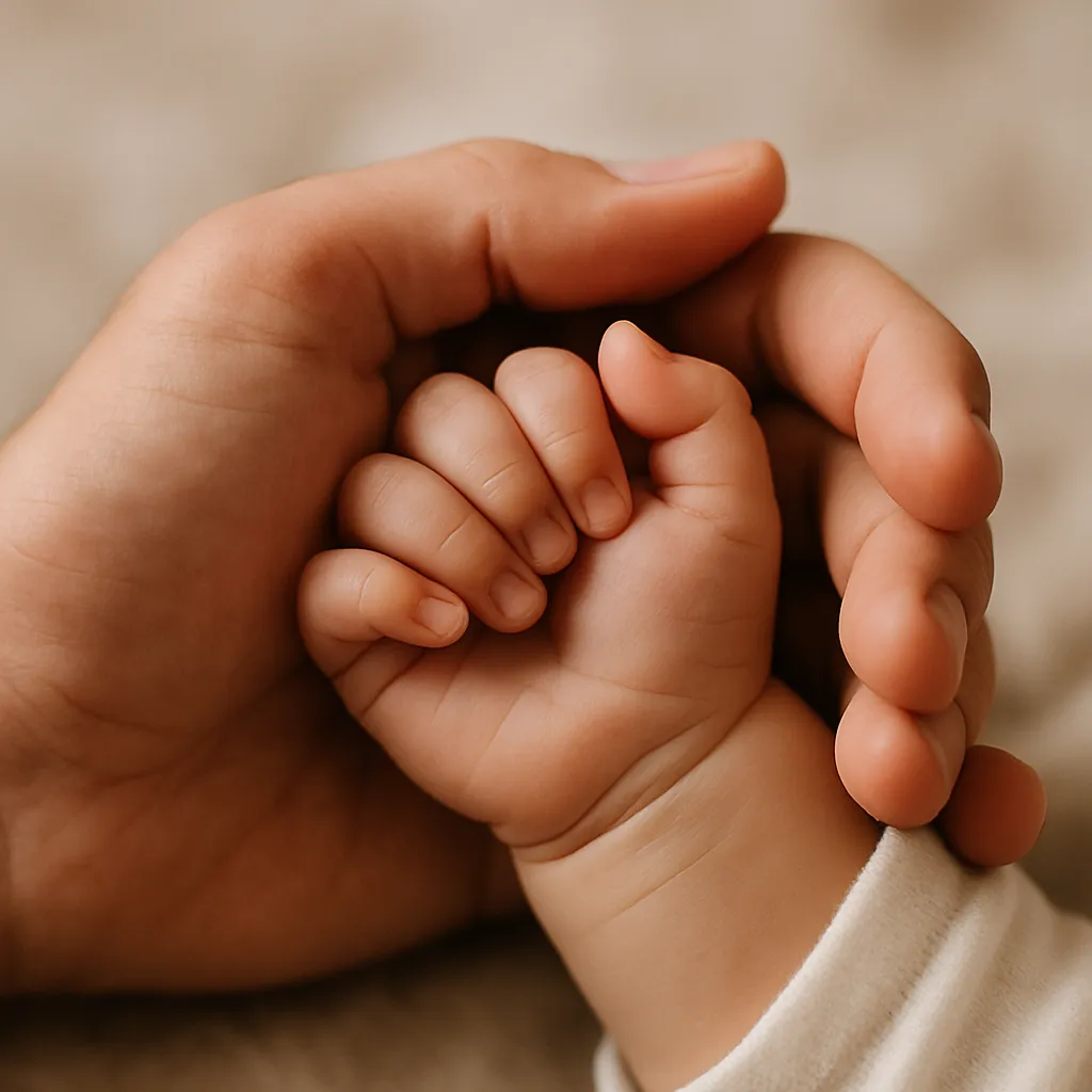 A parent's hands holding a child's hands, symbolizing secure attachment theory's role in personality development.