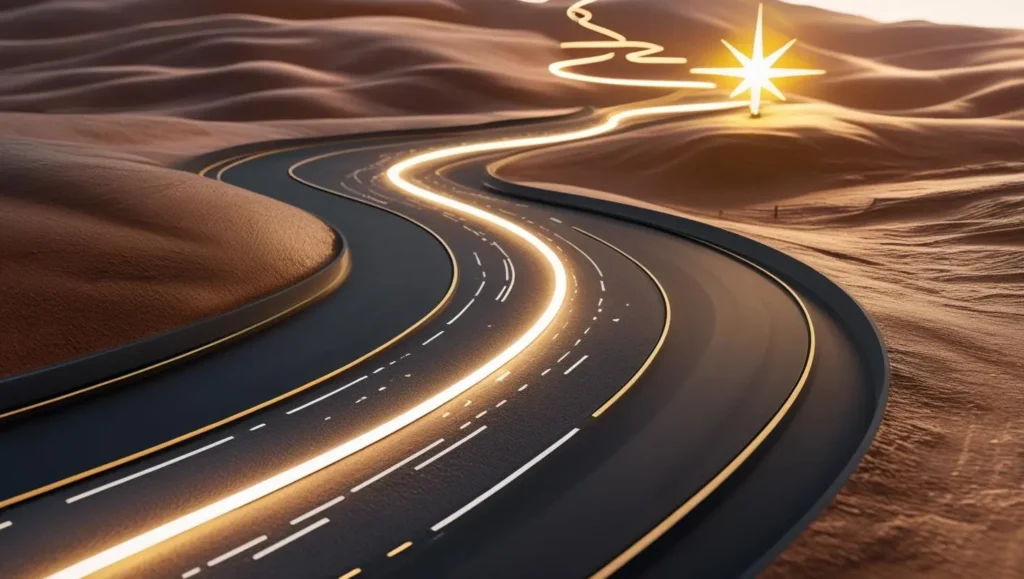 A visual representation of the Backward Goals strategy, showing a path reverse-engineered from the final destination