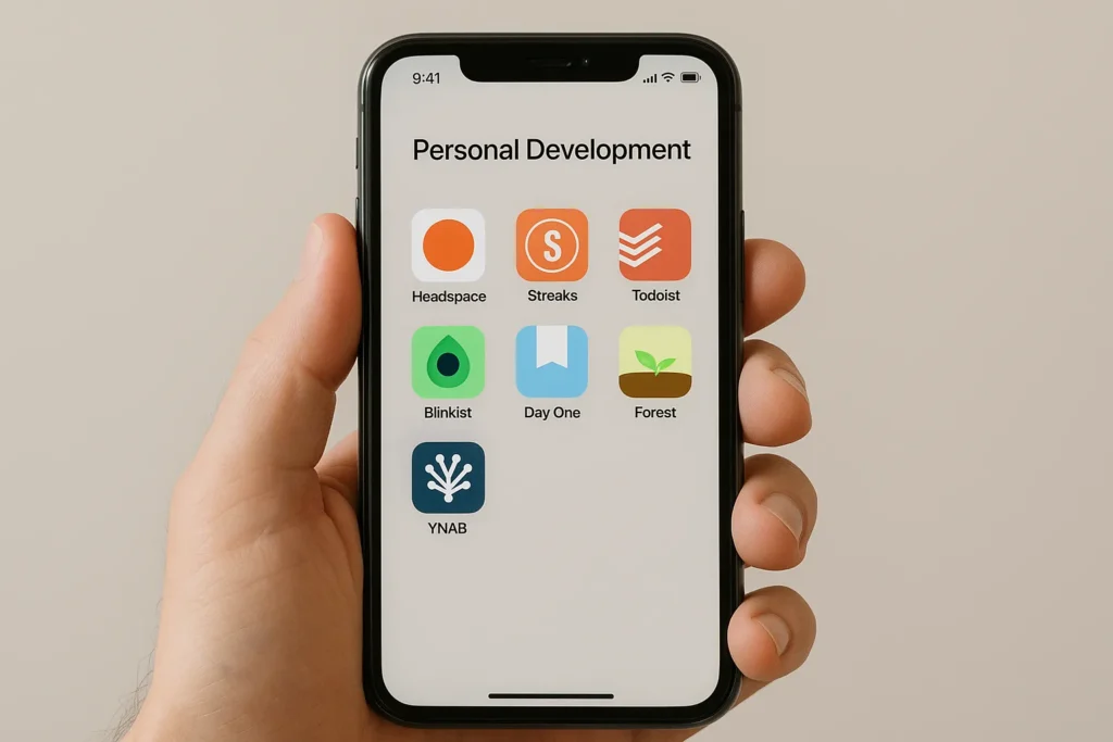 A smartphone displaying the icons of the best personal development apps for habit building, mindfulness, and productivity.