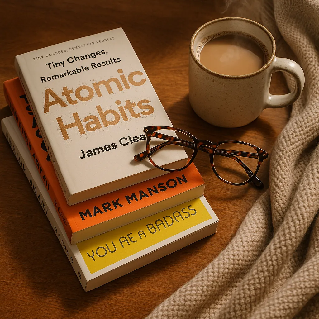 A stack of the best personal development books on a coffee table, ready to be read for personal growth