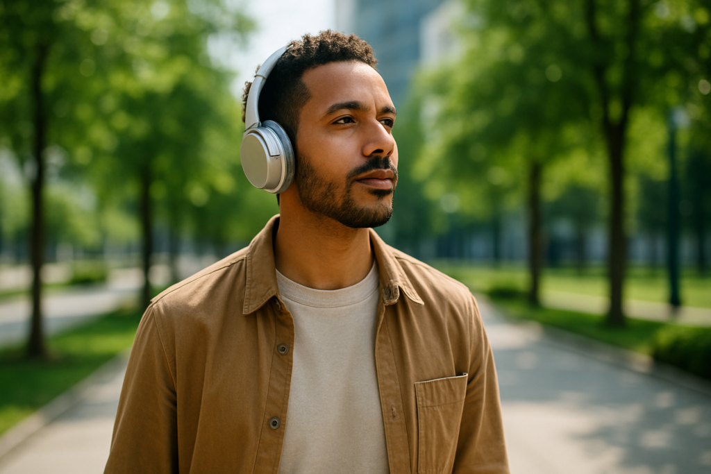 A person listening to one of the best personal development podcasts while walking outdoors