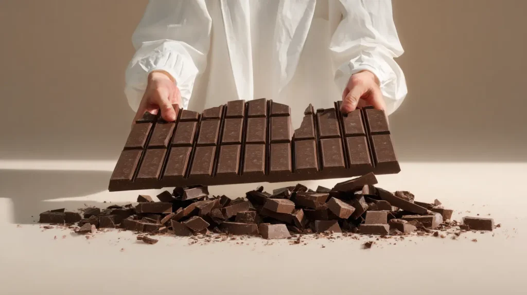 A person breaking a large chocolate bar into small pieces, a metaphor for breaking down large tasks to beat procrastination.