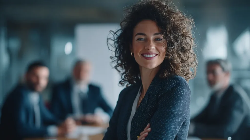 A professional achieving a career goal by giving a confident presentation to their team