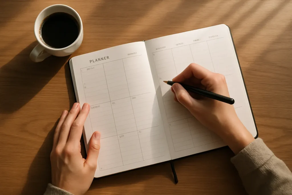 A person writing goals in a planner, illustrating the first step in creating a personal development plan