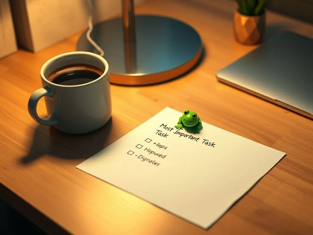A toy frog sitting on the most important item of a to-do list, representing the 'Eat the Frog' method for productivity.
