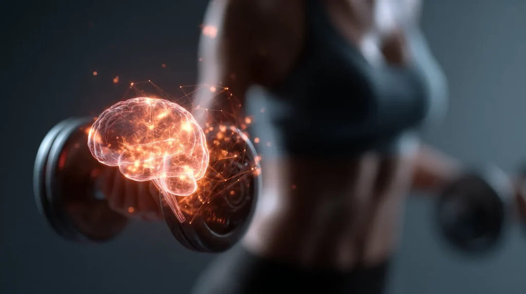 A person lifting a weight shaped like a brain and heart, symbolizing the act of training and exercising emotional intelligence.