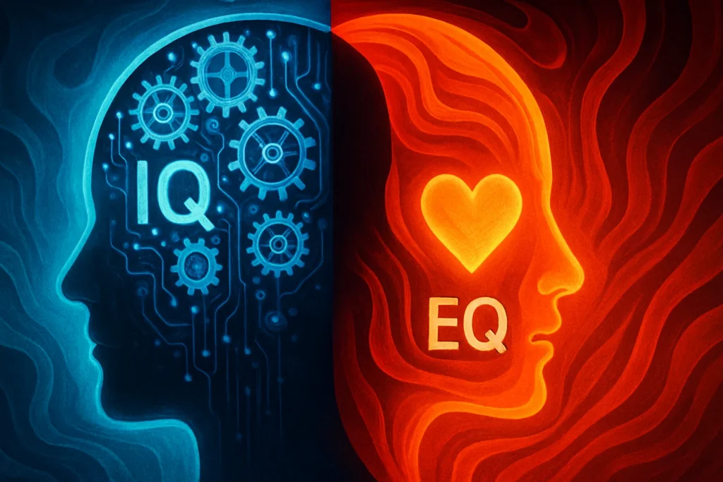 An abstract image showing the logical brain (IQ) versus the emotional heart (EQ), representing the core concept of emotional intelligence.