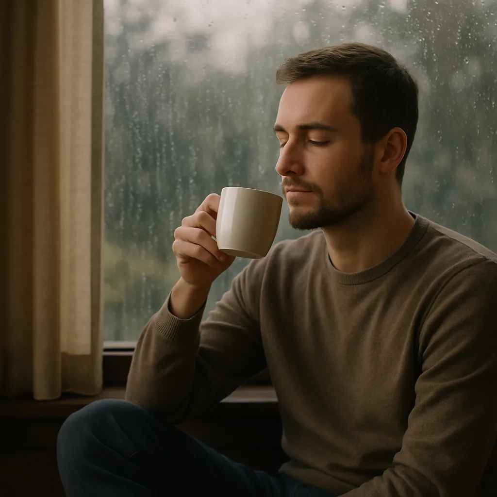 A person remaining calm during a storm, representing emotional stability, the low end of the Neuroticism trait