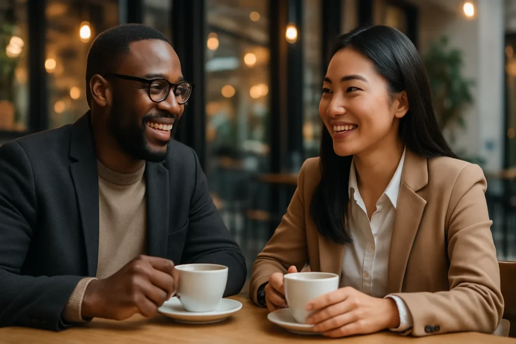 Two people practicing active listening and enhancing their social skills, a key part of personality improvement