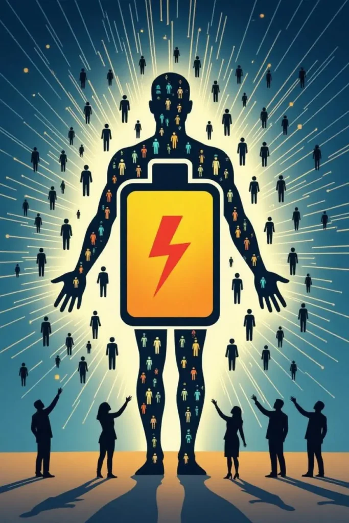 A conceptual image representing the Extraversion personality trait, showing a battery being charged by social interaction.
