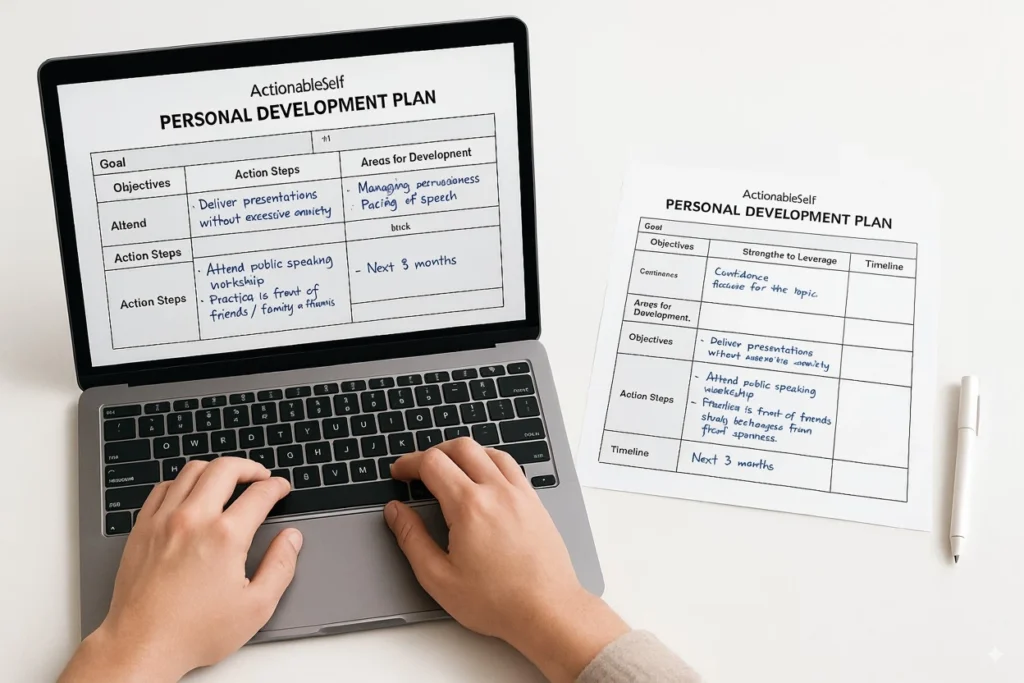 A person using the free, fillable personal development plan template from ActionableSelf on their laptop