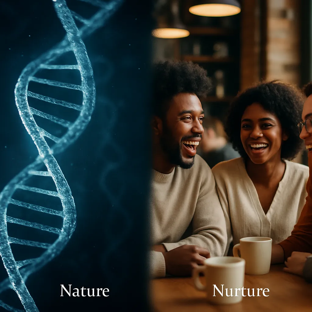 A split image showing a DNA helix for Nature and people talking for Nurture, representing the two main influences on how personality is formed.
