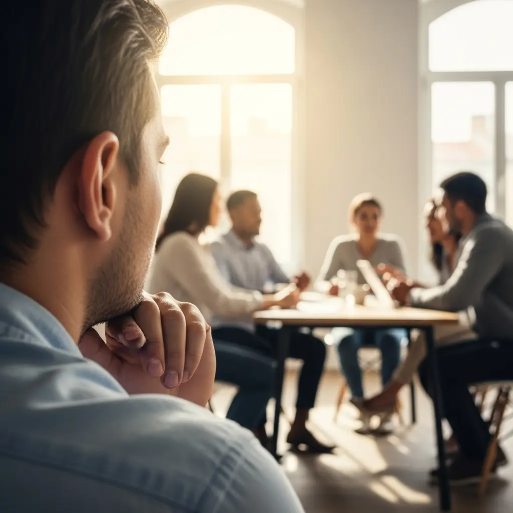A person observing a meeting to read body language and understand non-verbal cues in a professional setting.