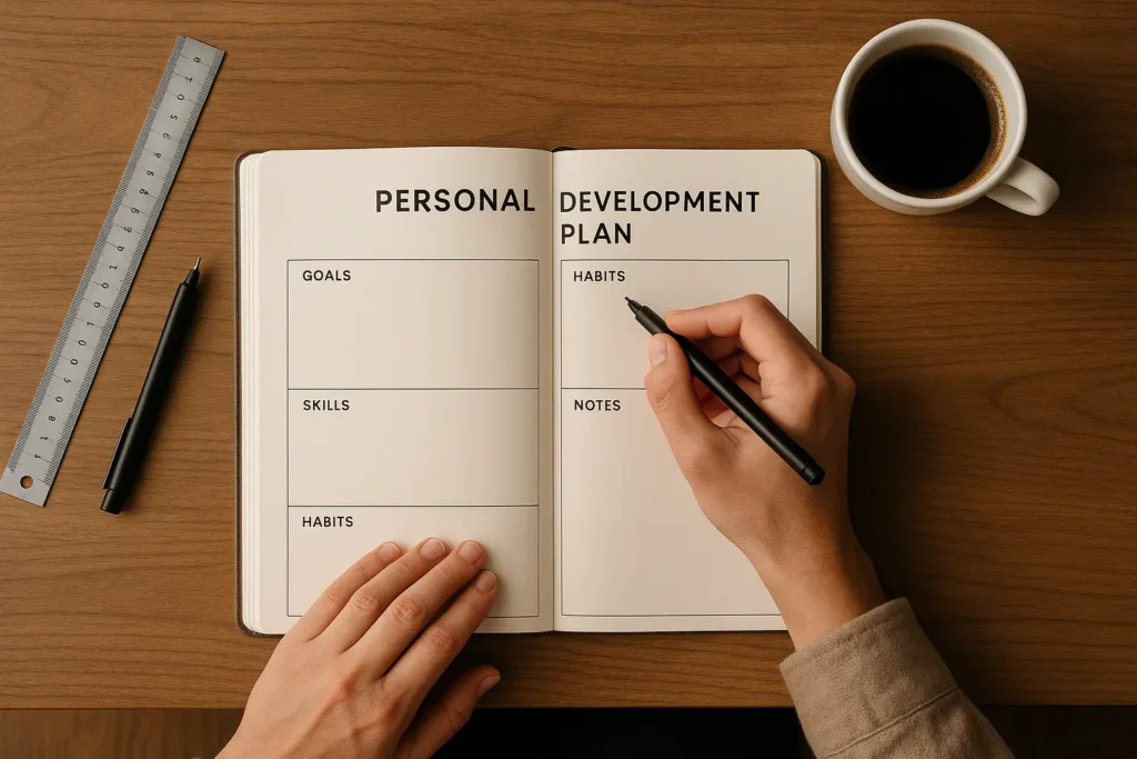 A person writing a personal development plan in a planner, following a clear 5-step guide to structure their goals.